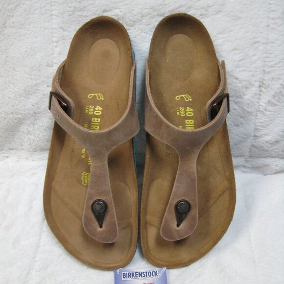 Birkenstock GIZEH Waxy Leather Tobacco Brown w/ Aqua Sole. 40 R US W 9 M 7 - Picture 3 of 13